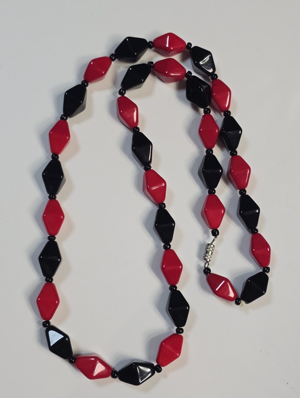 Vintage Red & Black Geometric Glass Bead Necklace